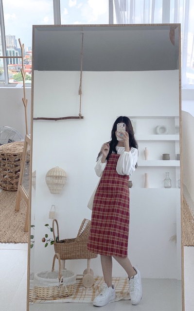 [Mã 151FASHIONSALE1 giảm 10K đơn 50K] Set váy yếm kẻ caro 2 màu 2 chi tiết ( hình thật tự chụp, sẵn)