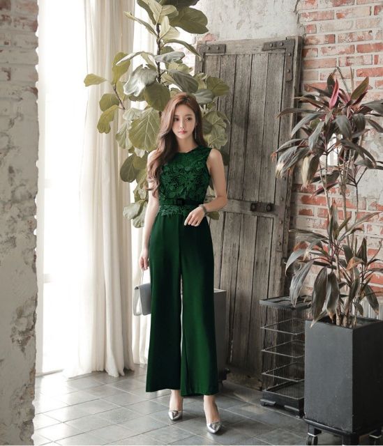 Jumsuit đồ bay dài ống suông phối ren kèm belt rời có ảnh thật