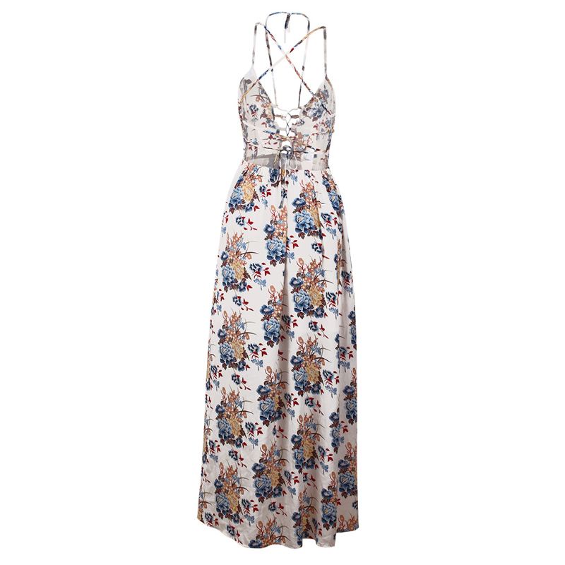Đầm Maxi Dây Chéo Hở Lưng Họa Tiết Hoa Phong Cách Boho Cổ Điển Quyến Rũ Cho Nữ