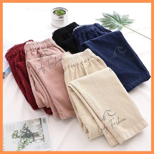 Quần Baggy Nhung Nữ Lưng Cao Cạp Chun Co Giãn Chất Nhung Tăm Dày Mịn 2 Túi Lady