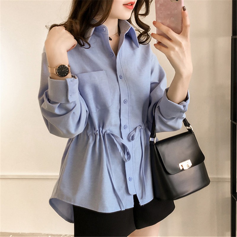 Áo sơ mi tay dài màu trơn phong cách Hàn Quốc xinh xắn dành cho nữ