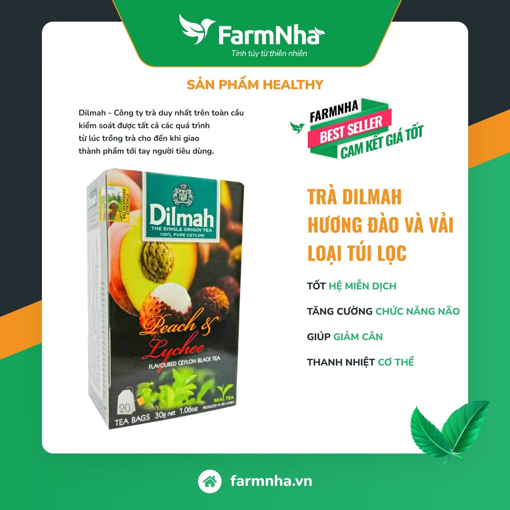 Trà Dilmah Peach & Lychee (Hương Đào Và Vải) Túi Lọc 30g 20 túi x 1.5g - Tinh hoa trà Sri Lanka