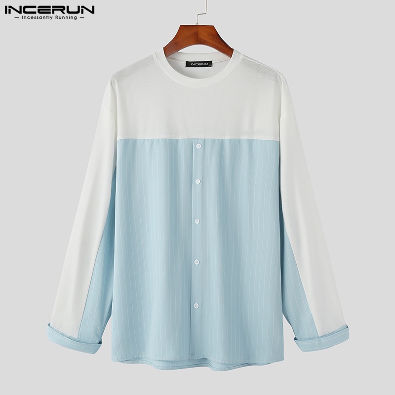 Áo sơ mi baggy INCERUN tay dài cổ thuyền kẻ sọc dáng rộng thời trang cho nam giới