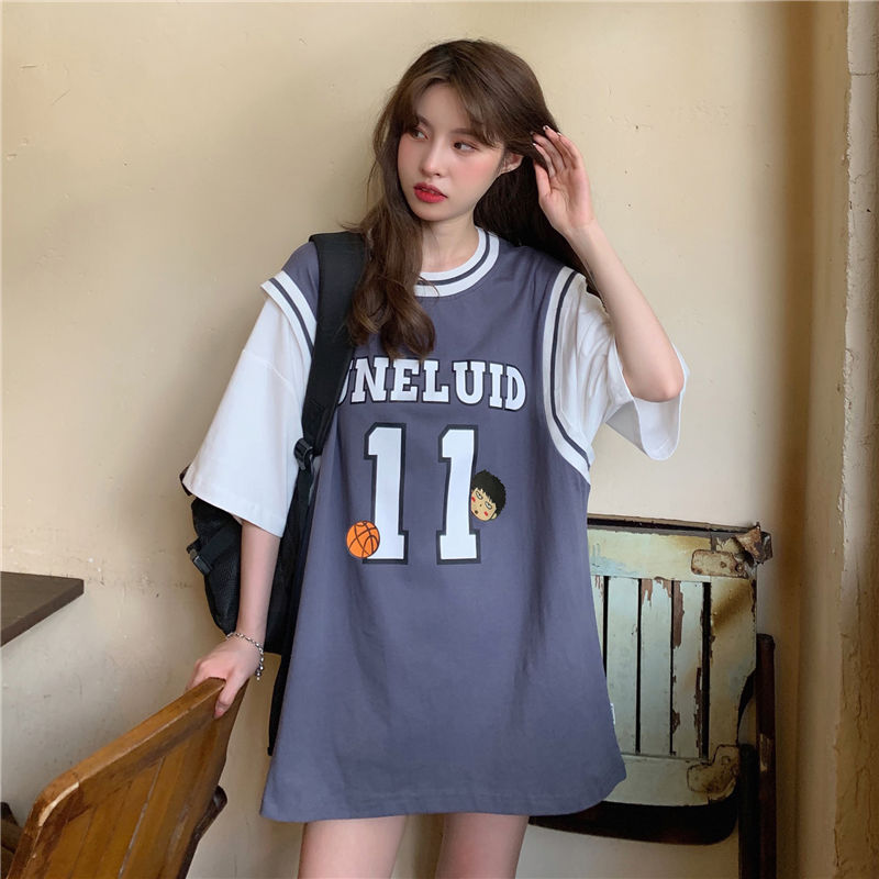 2022 Fake two-piece basketball uniform T-shirt women's  new Korean version loose mid-length jersey short-sleeved ins