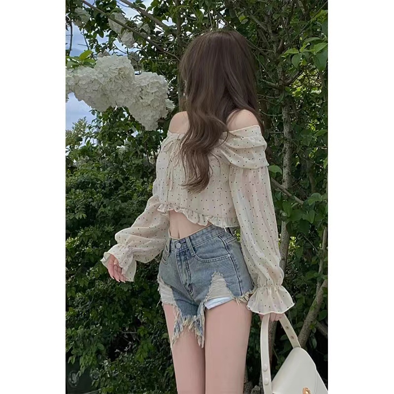 Quần Short Denim Lưng Cao Phối Rách Tua Rua Cá Tính Cho Nữ