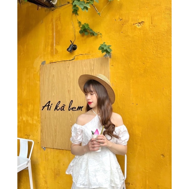 Áo yếm cột dây hoa thêu tay phồng trắng/da - Audrey Studio