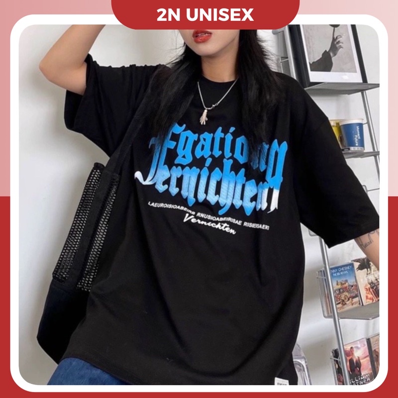 Áo phông nam nữ form rộng 2N Unisex thun cotton Chữ in nổi trắng/đen