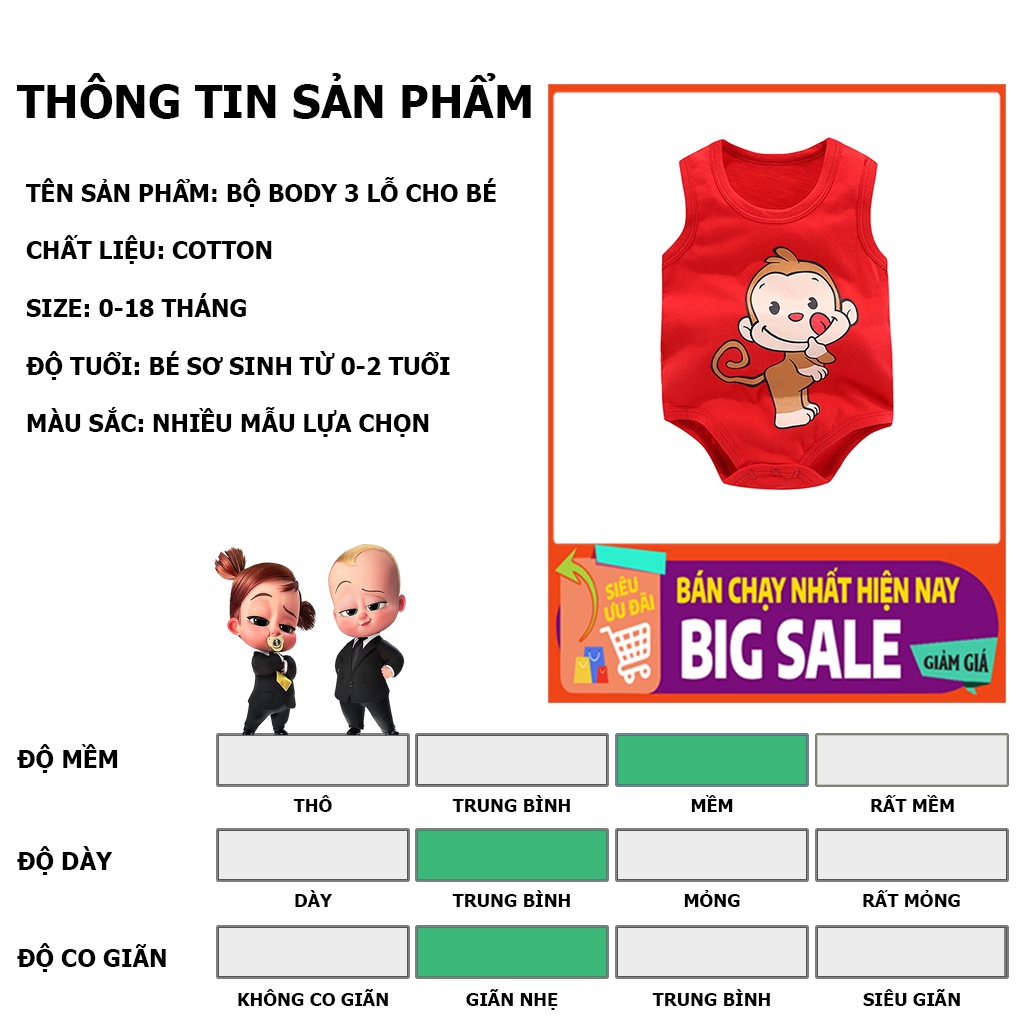 Bộ body cho bé trai bé gái 3 lỗ, bodysuit cho bé họa tiết đáng yêu chất cotton hàng xuất khẩu