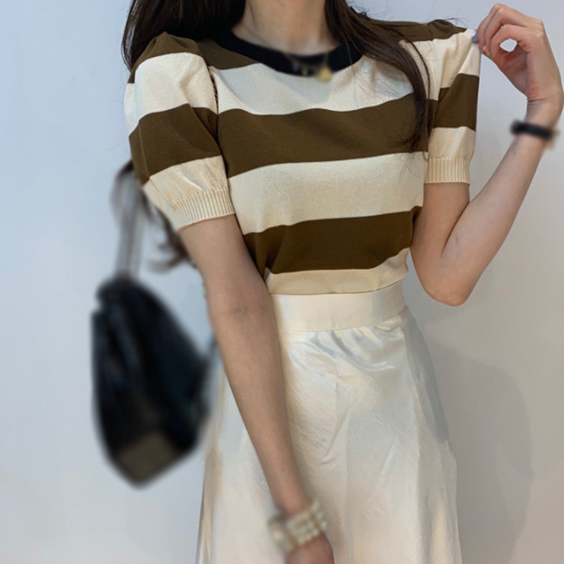 Áo dệt kim cổ tròn tay ngắn họa tiết sọc thời trang Hàn Quốc