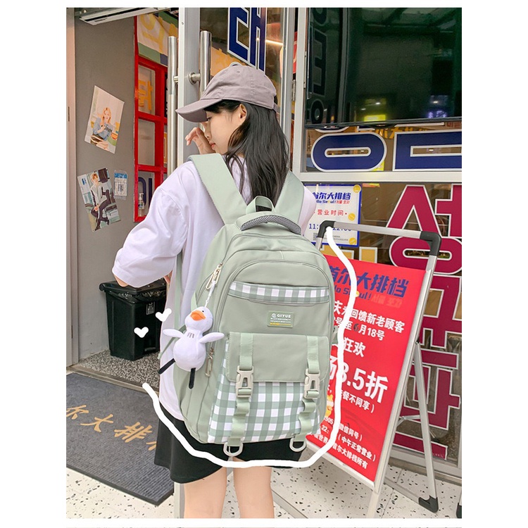Balo đi học nữ kẻ sọc caro vải polyester cao cấp chống trượt nước thời trang unisex 2209