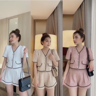 S6345 Set đồ tiểu thư, set áo xốp chạy viền ziczac đính cúc ngọc, phối quần short ống xoè, chất xốp xịn sò