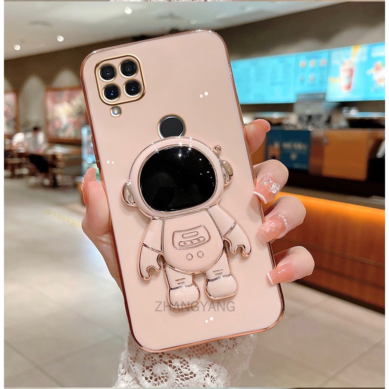 ốp lưng Realme c15 TPU Mạ điện 3D Phi hành gia có chân đế ốp điện thoại Realme c15