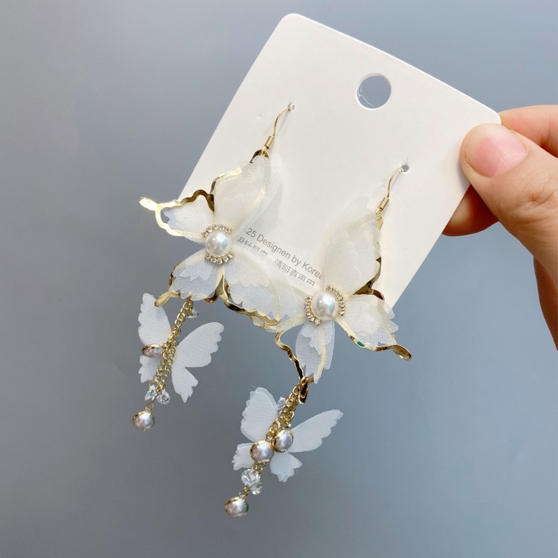 Bông Tai Mạ Bạc 925 Dáng Dài Phối Tua Rua Hình Bướm Phong Cách Hàn Quốc Mới 2022