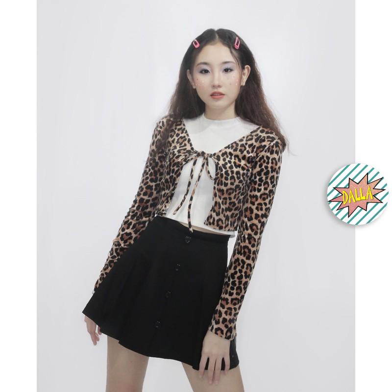 DALLA Áo cardigan croptop cột dây hoạ tiết leopard