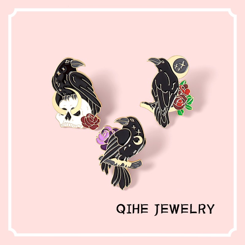 Ghim cài áo QIHE JEWELRY hình chú quạ tráng men cá tính