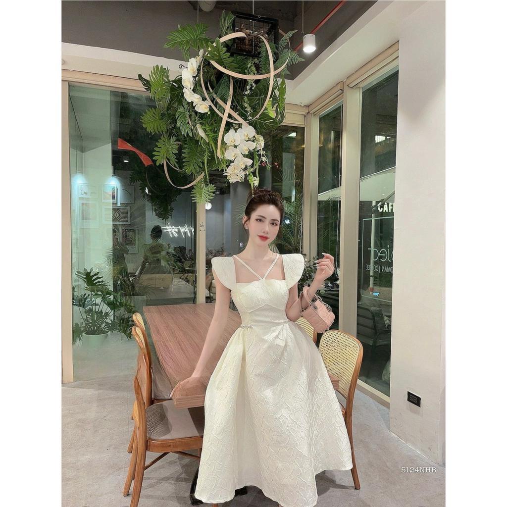 Đầm dài cánh tiên xòe gấm đá eo 5124 - Đầm nữ thời trang