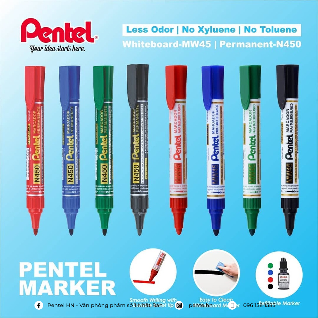 Bút Dạ Bảng Pentel MW45 | Thiết Kế Xoay Có Thể Thay Mực | Màu Mực Sáng, Đậm, Dễ Lau Chùi