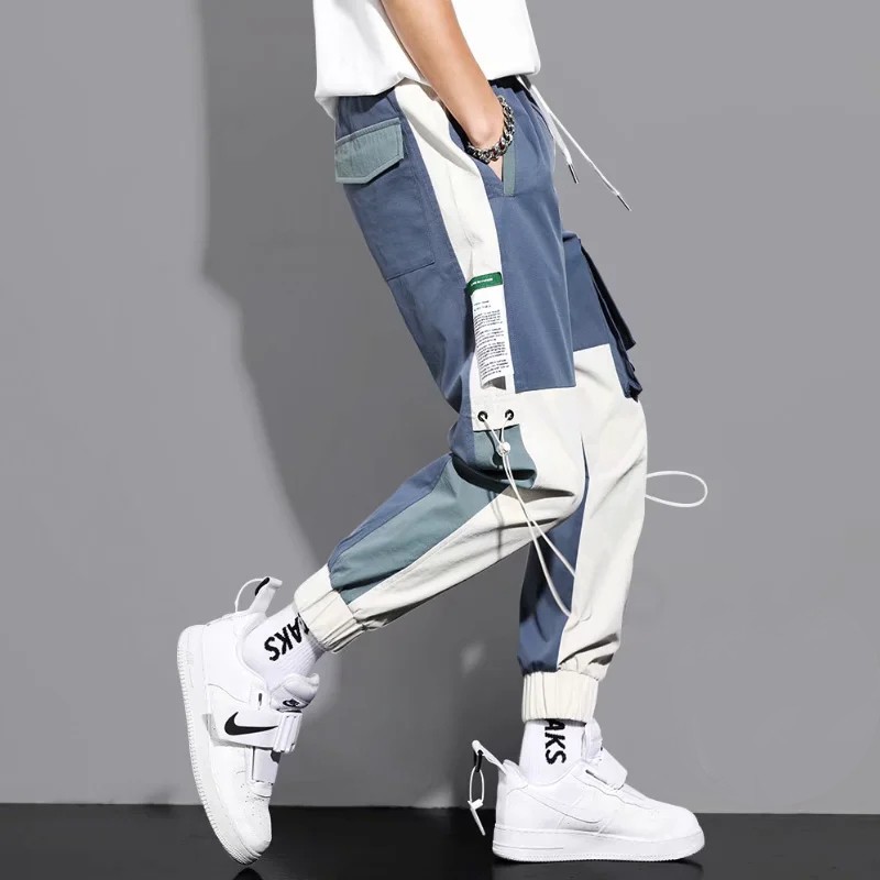 【2 Color】Plus Size Chubby Multi-pocket Cargo Pants for Men Sprots Military Jogger Pants Men's Contrast Color Splicing Elastic Waistband Korean Jogging Pants