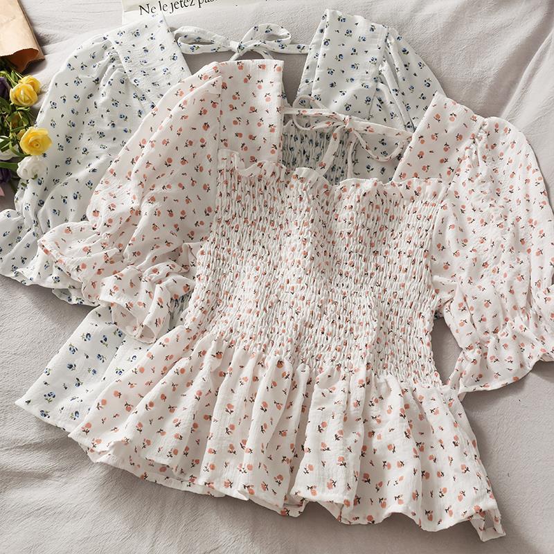 COZOK Áo Kiểu Tay Ngắn Cổ Vuông Xếp Ly Form Ôm Họa Tiết Hoa