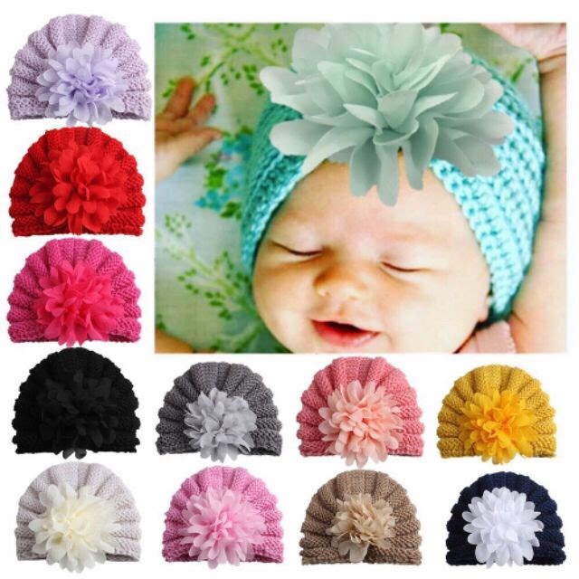 Nón Turban len đính hoa voan dễ thương cho bé gái sơ sinh-12 tháng