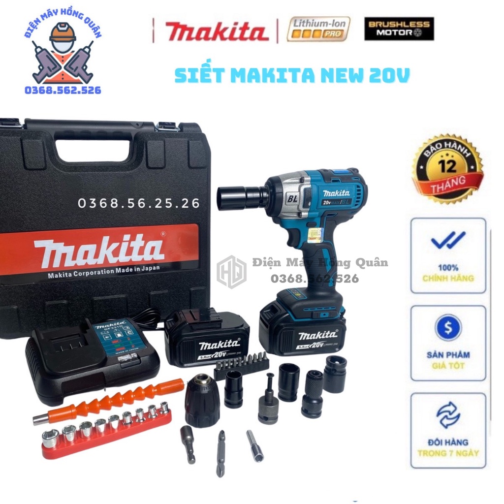 Máy siết bulong , máy bắn vít MAKITA 20v không chổi than, 3 đèn LED , lõi đồng 100%
