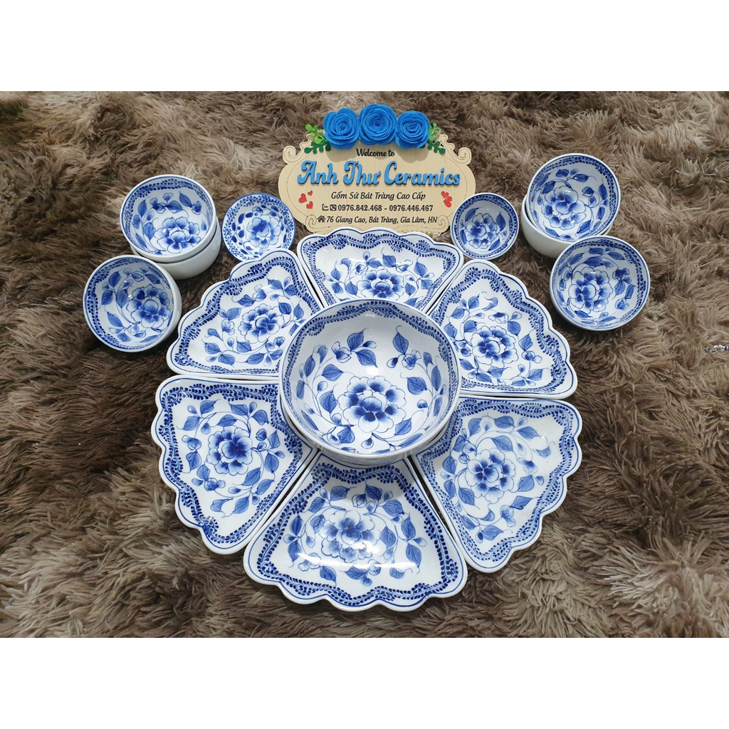 Bộ bát đĩa hoa mặt trời men gốm vẽ hoa phù dung Bát Tràng - hàng chuẩn loại 1 - sale sốc