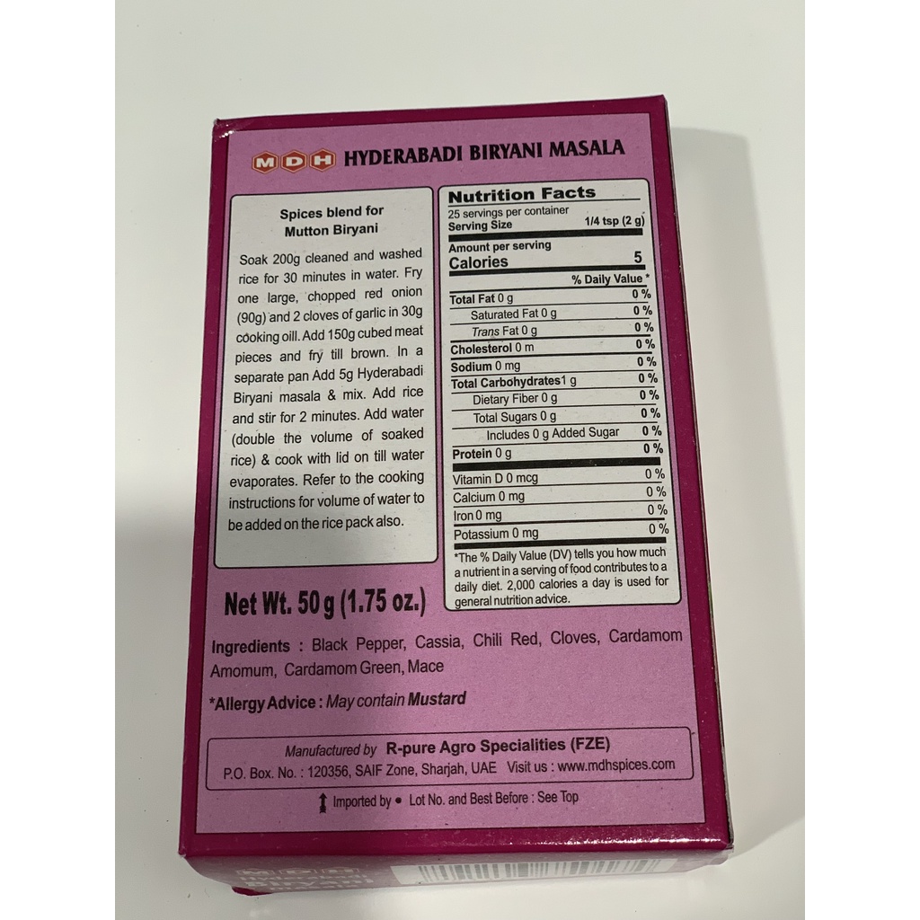 MDH Hyderabadi Biryani masala - Bột gia vị cho món Cơm thịt Cừu/Dê 100g