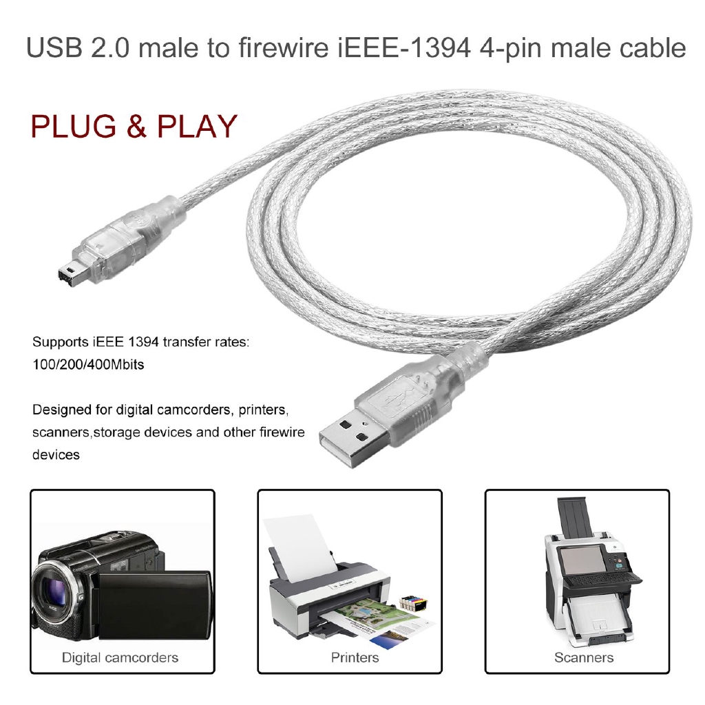 E 1.2m USB 2.0 Male To Firewire iEEE 1394 4 Pin Male iLink Adapter Cable