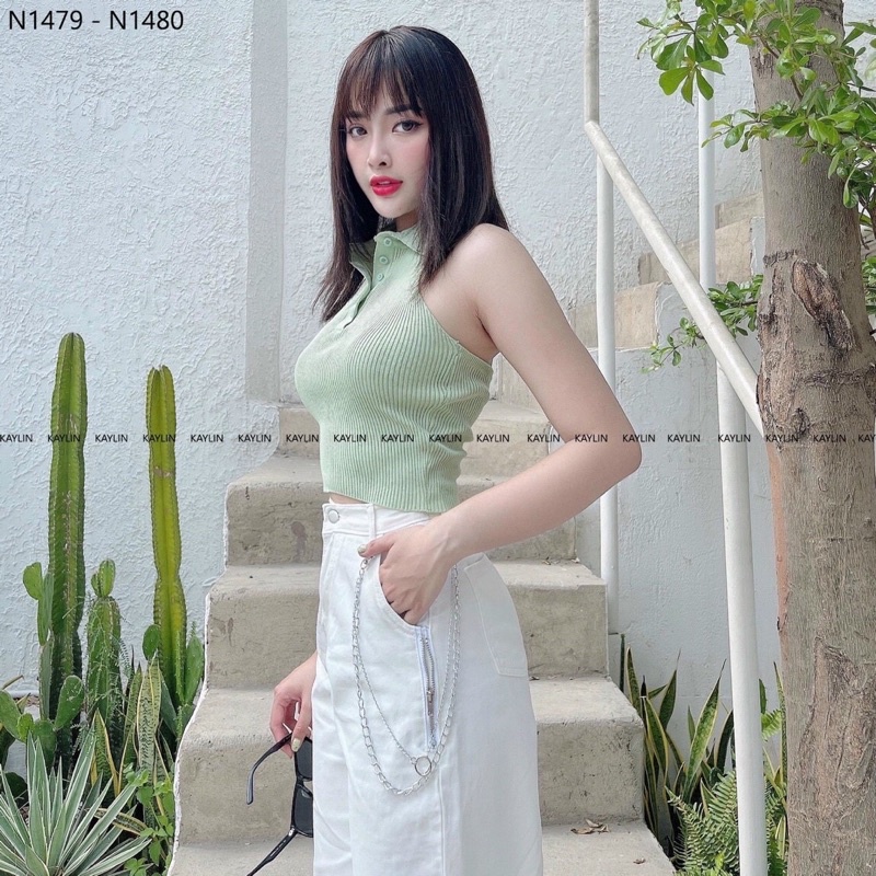 Áo crotop len mongtoghi kiểu yếm cổ bẻ hàng khuy