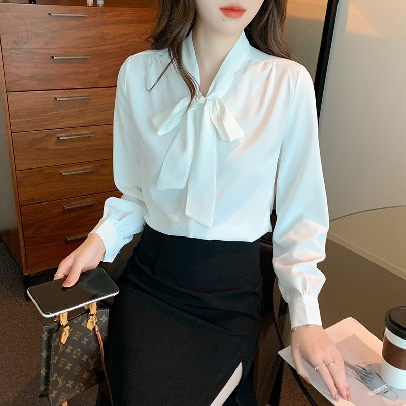 Áo Sơ Mi Kiểu Công Sở Đẹp CHIPY Tay Dài Cổ Thắt Nơ Màu Trắng Chất Lụa Cao Cấp From Rộng Hàn Quốc Ulzzang Vintage A1T | BigBuy360 - bigbuy360.vn