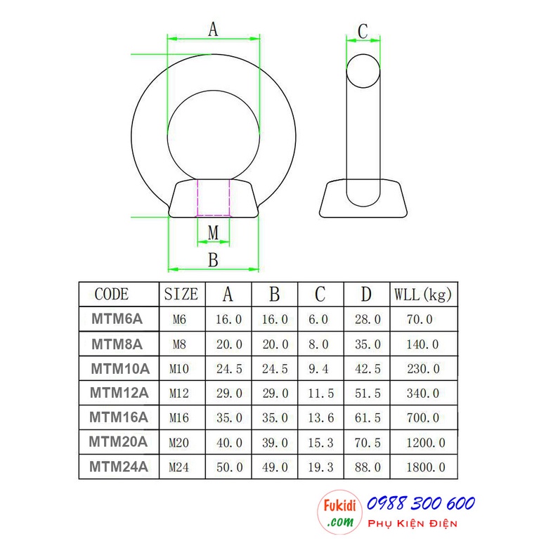 Móc tròn đai ốc, móc cẩu đai ốc âm inox 304 từ M5-M10 tải trọng từ 45-230kg