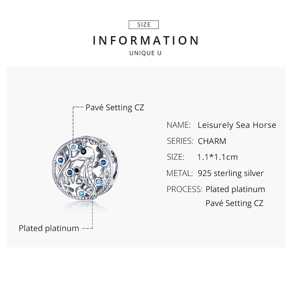 Hạt phụ kiện BAMOER BSC266 bằng bạc 925 đính đá hình cá ngựa dùng làm vòng tay DIY chất lượng cao