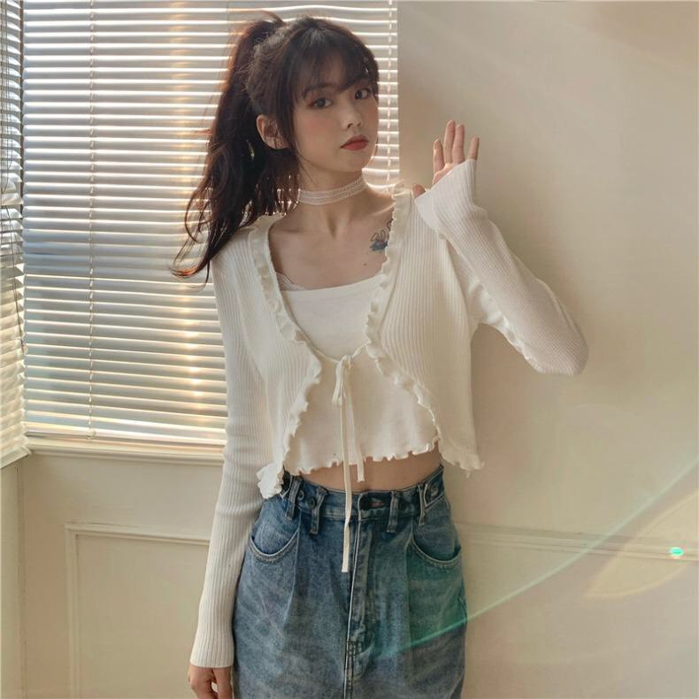 ❤ Mẫu Mới Giá Xưởng ✔  Set Cardigan Tăm Mỏng + Áo Quây Nữ Đen Trắng - Croptop Thiết Kế Dây Viền Bèo Tiểu Thư Ulzzang - S