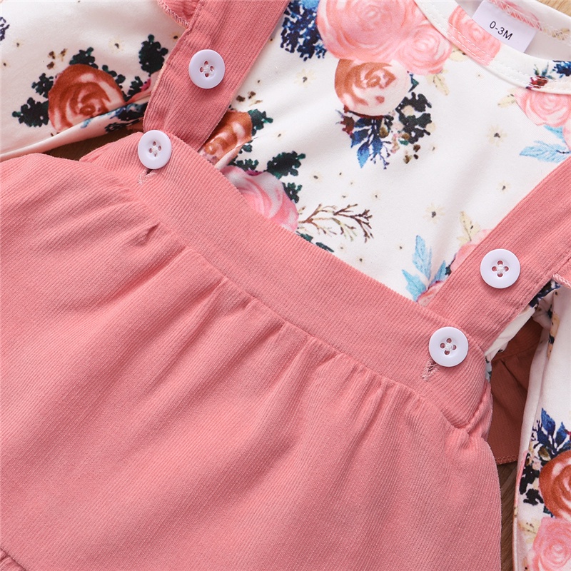 Set đồ MIKRDOO gồm áo liền quần tay dài in họa tiết hoa + váy yếm + băng đô thời trang mùa thu cho bé gái