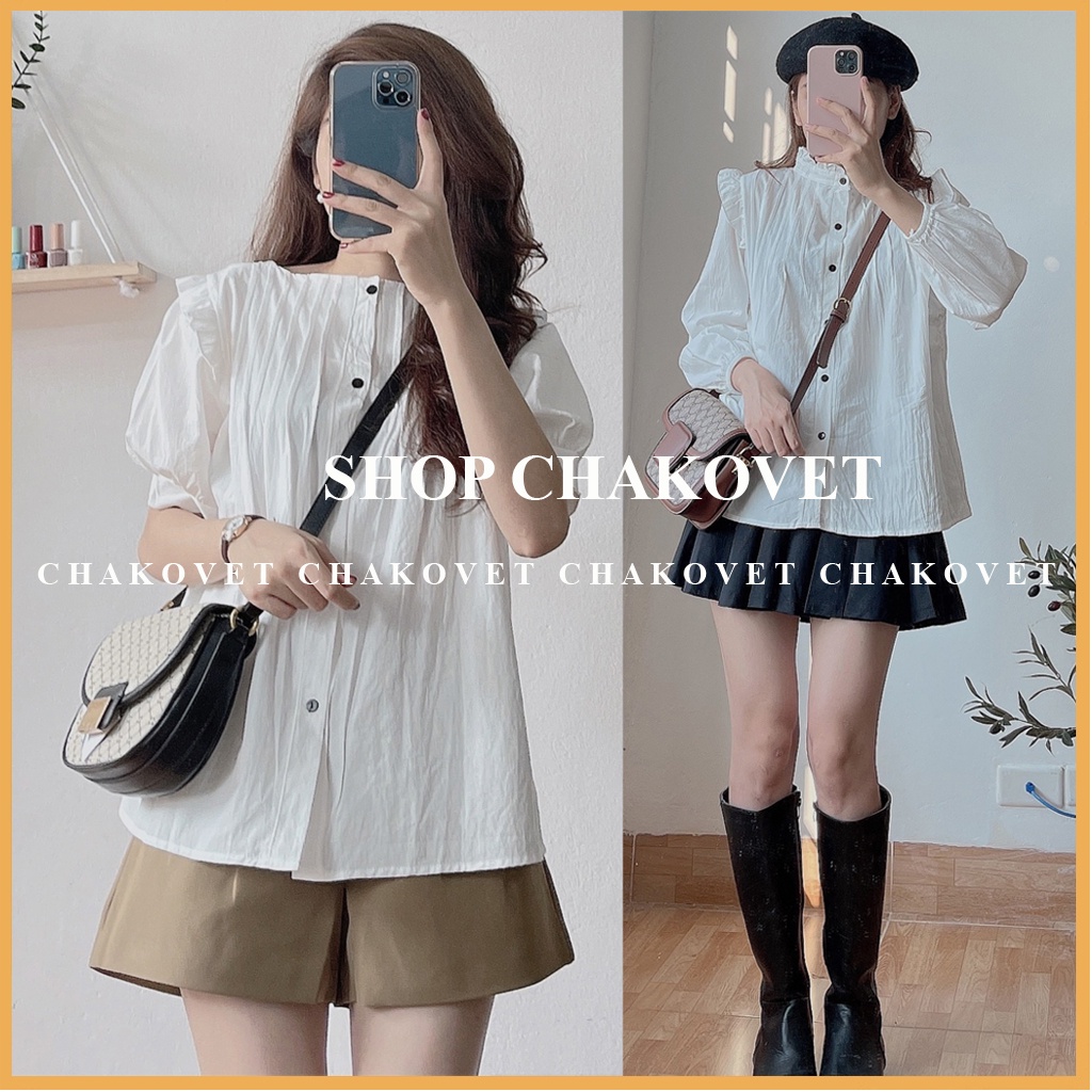 Áo babydoll xếp li ngực điệu đà phong cách Hàn Quốc cka818, kiểu áo sơ mi nữ trắng phối hàng cúc phía sau đẹp cá tính