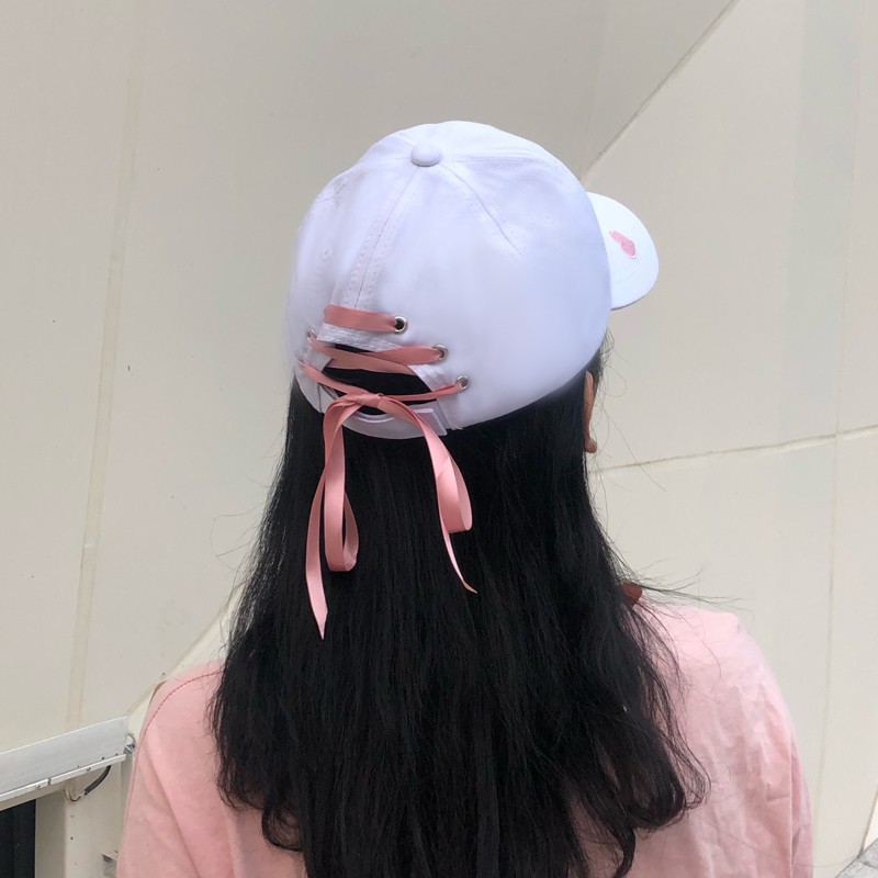 [real shot of new products in stock] heart shaped love long ribbon hat female summer sweet cute baseball cap Korean bowknot love cap matching cap