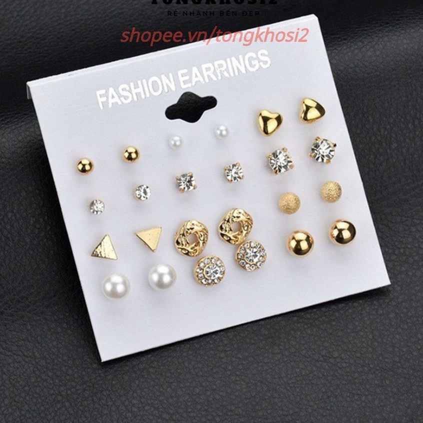 PVN4039 Set 12 Bông khuyên hoa tai nụ đính đá sang chảnh T2