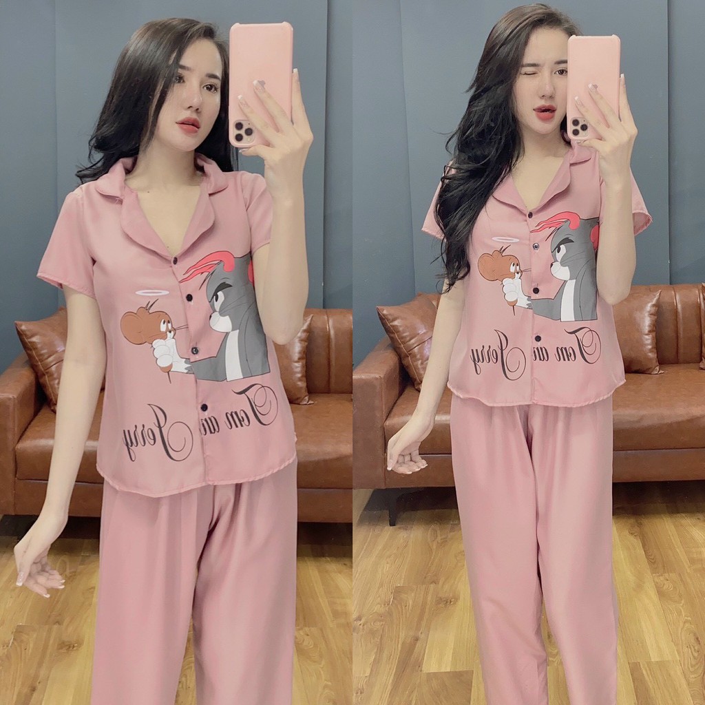 Bộ ngủ lụa Pijama 💕 Bộ đồ nữ cộc tay mặc ở nhà siêu dễ thương