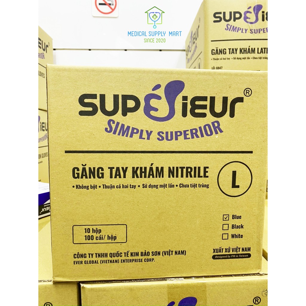 Hộp Găng Tay Cao Su Y Tế Cao Cấp Superieur Nitrile Không Bột - Màu Xanh (BLUE) Đủ Size S M L XL / 1 Hộp 100 Chiế