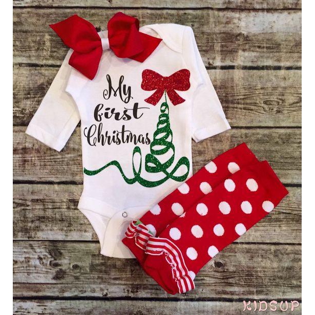 K.I-Newborn Baby Girl Long Sleeve Bow Romper Bodysuit Sock Outfits Clothes Christmas