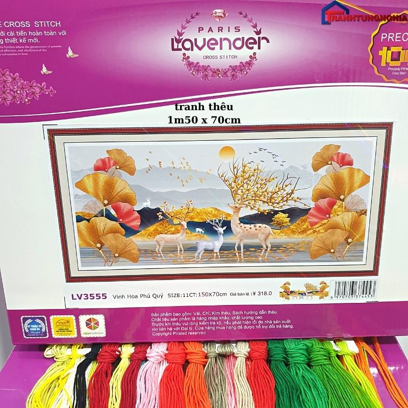 Tranh thêu chữ thập phong cảnh hiện đại hươu nai tài lộc 1m20 x 55cm - 1m50 x 70cm