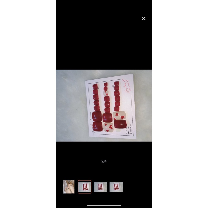 A69 bộ 24 móng chân giả màu đỏ đô vẽ trái tim kèm keo dũa