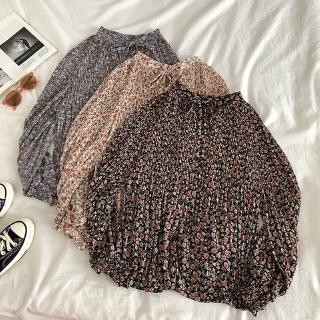 Summer New Wome Long Sleeve Chiffon Blouse Floral Fashion Loose Sweet Pleated Shirt Tops