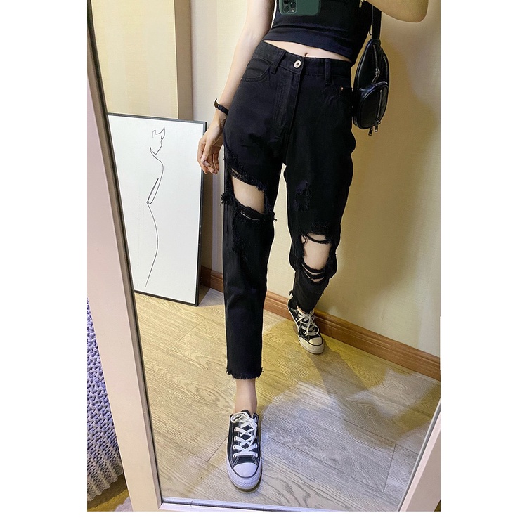 Quần jean baggy nữ BigSize Lưng Cao, màu đen tuyền Rách bụi bặm, phong cách hàn quốc, phom to rộng đủ size 4100