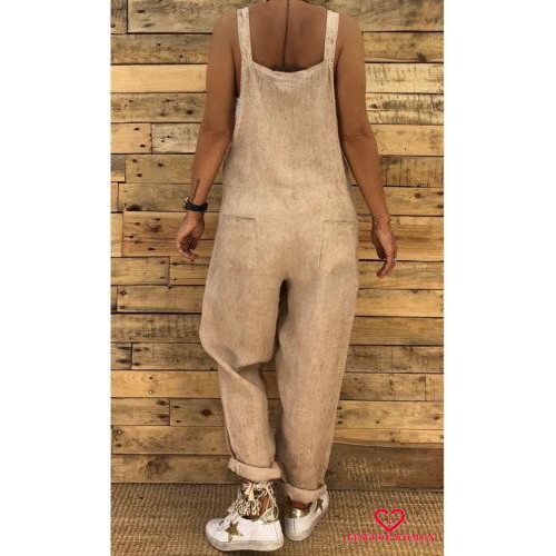 Quần yếm dài dáng rộng chất liệu cotton và linen thời trang cho nữ