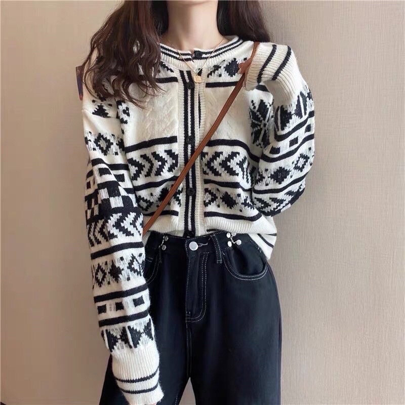 Áo khoác cadigan, áo len nữ hoạ tiết thổ cẩm dáng ngắn chất len mềm đẹp boong_clothing