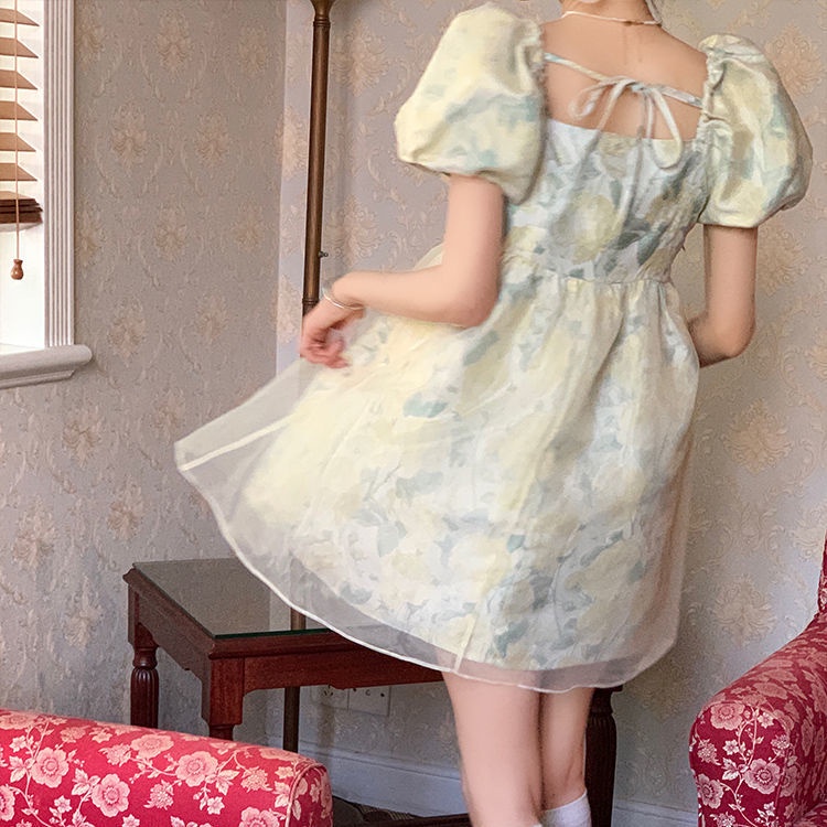 Đầm Công Chúa Tay Phồng Cổ Vuông In Họa Tiết Hoa Kiểu Pháp Xinh Xắn Cho Nữ