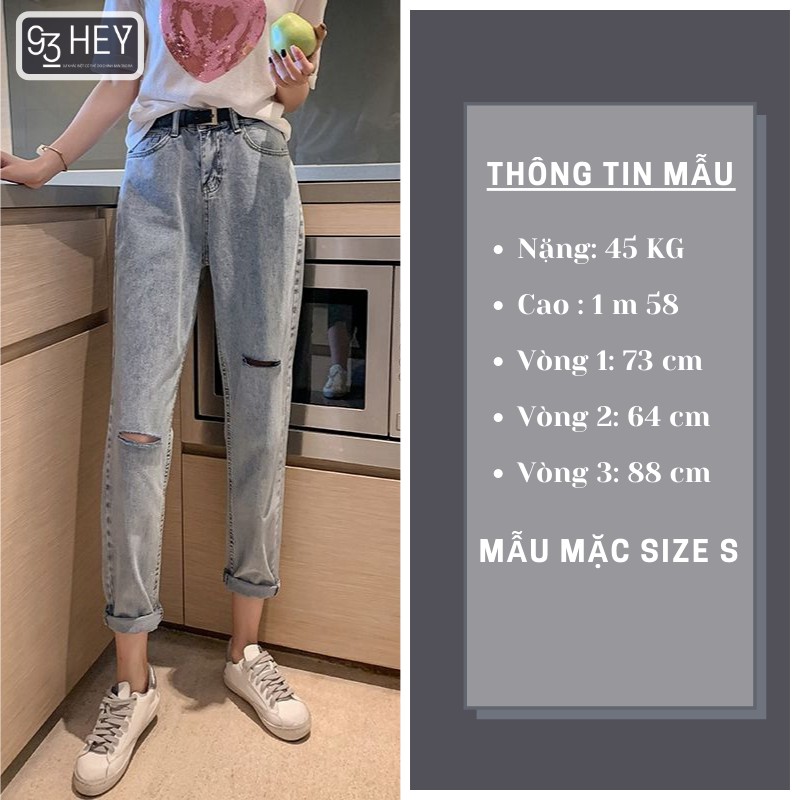 Quần Jean Nữ Rách Gối Cạp Cao Dáng Baggy Màu Xanh Phong Cách Hàn Quốc 93HEY QJ02