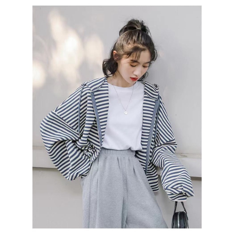 Áo khoác hoodie tay dài họa tiết kẻ sọc ngang phong cách Hàn Quốc dễ thương cho nữ