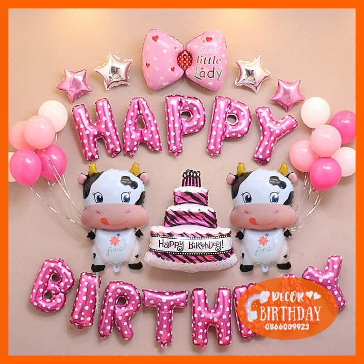 Set Trang Trí Sinh Nhật TUỔI TRÂU Cho Bé Gái, Bóng Y Hình Tặng Kèm Đồ Bơm Băng Dính Bóng
